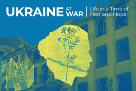 Collaged images of a mural of a woman&amp;#39;s silhouette with a flower rising through her head; a bombed building; and memorial flags; all duotoned with the yellow and blue colors of the Ukrainian flag. Event description in body
